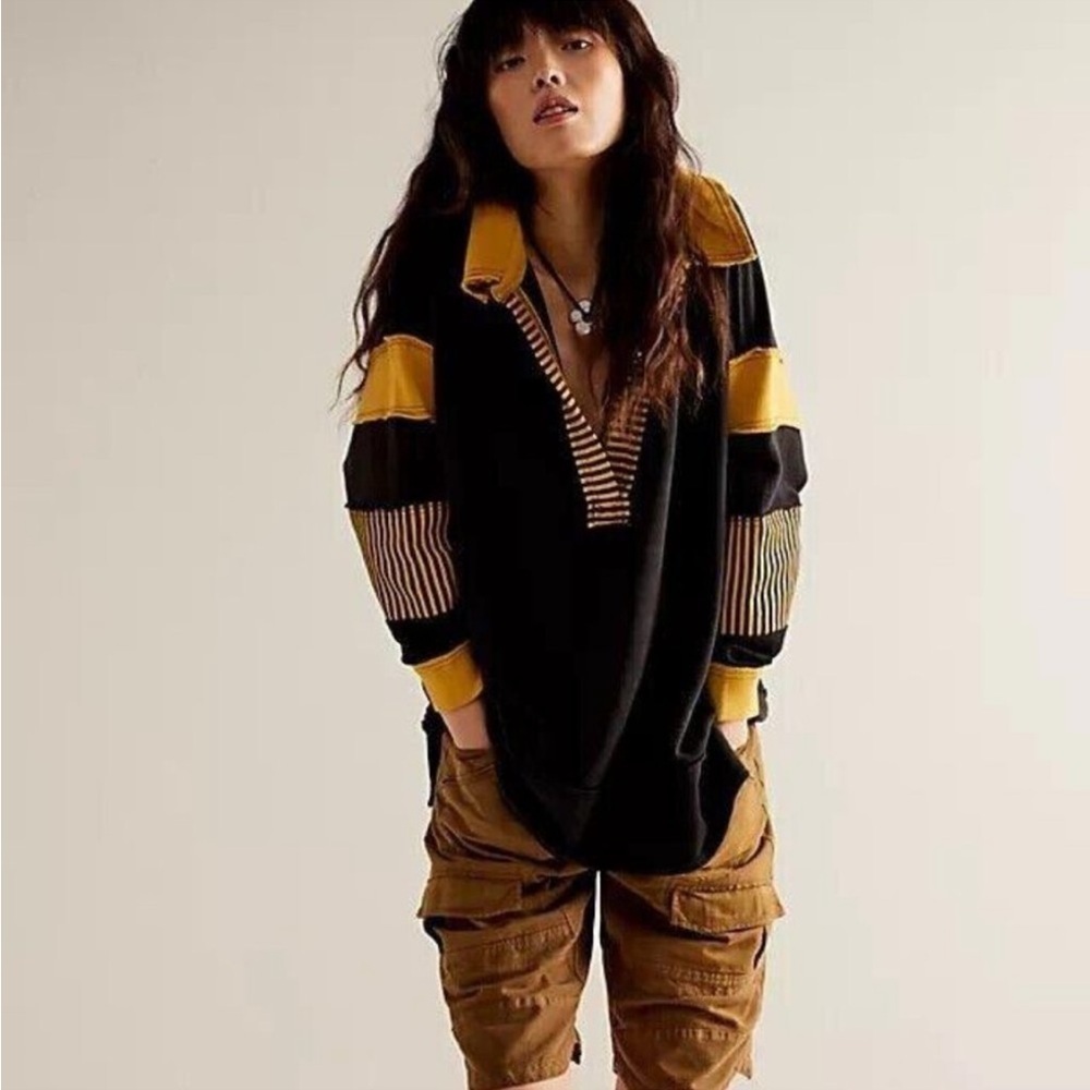 Free People Black and Mustard Striped Pullover Hoodie